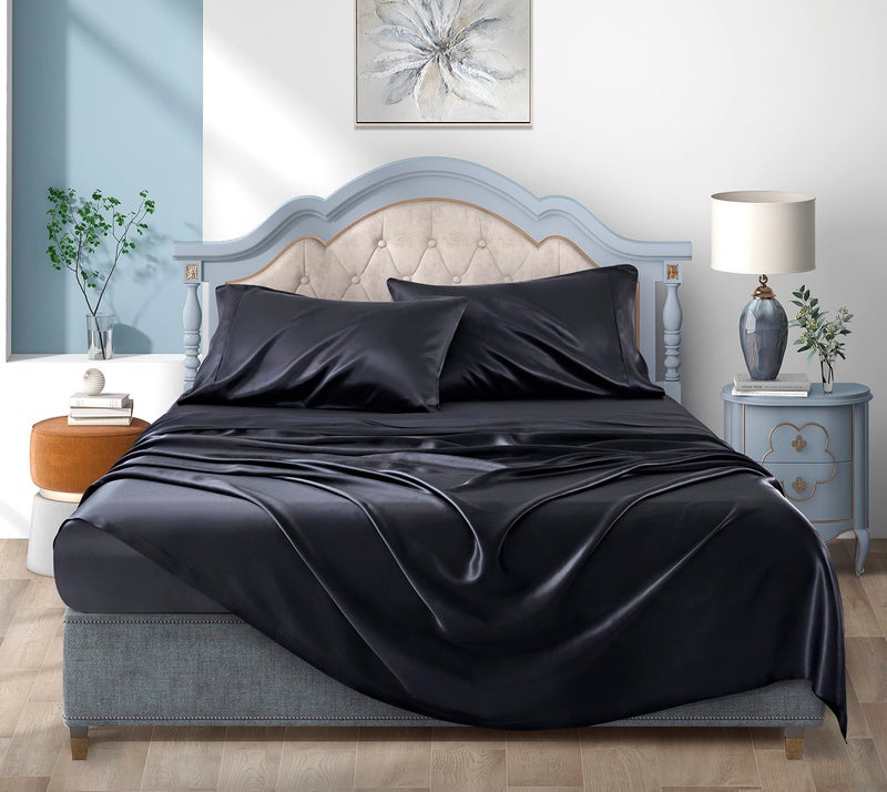Luxbedding Satin Bed Sheets California King Size Sheets Set, Black Silk Sheets, 4 - Pieces Soft Bedding Set with 1 Deep Pocket Fitted Sheet,1 Flat Sheet,2 Pillowcase - Image 2
